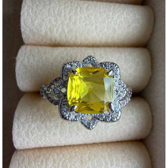 Bomb Party Jewelry - Bomb Party Yellow Cushion Cut Floral Halo Rhodium Plated Ring Size 7